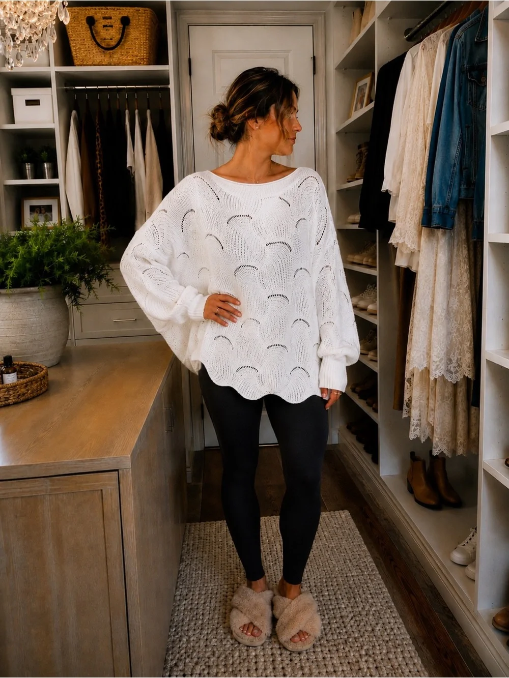 Relaxed White Open-Knit Scallop Hem Sweater - Crew Neck Batwing Sleeves